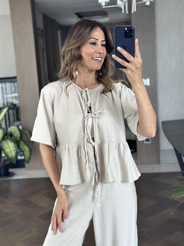 Taş Kısa Kol Önü Bağlamalı Bluz Cepsiz Pantolon Kadın İkili Takım
