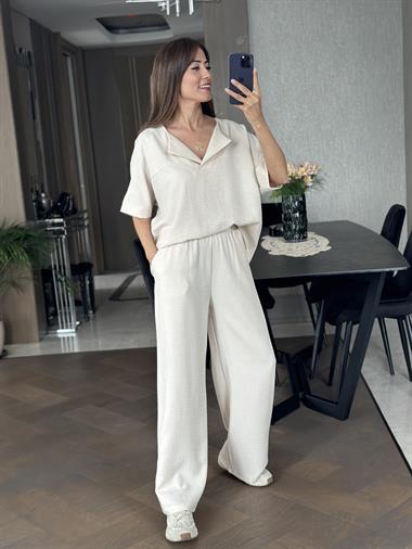 Taş Kısa Kol Yaka V Detay Aerobin Kadın İkili Takım