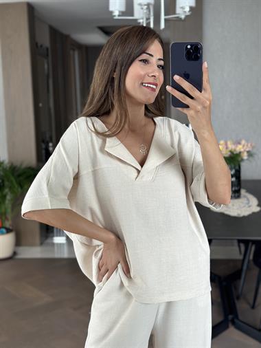 Taş Kısa Kol Yaka V Detay Aerobin Kadın İkili Takım