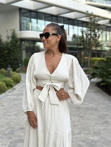 Taş Kol Uçları Lastikli V Yaka Bluz Etek Kadın Alt Üst Takım