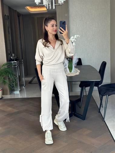 Taş Modal Sweat Paçası Yırtmaç Detay Pantolon Kadın İkili Takım