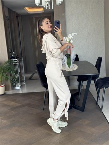 Taş Modal Sweat Paçası Yırtmaç Detay Pantolon Kadın İkili Takım