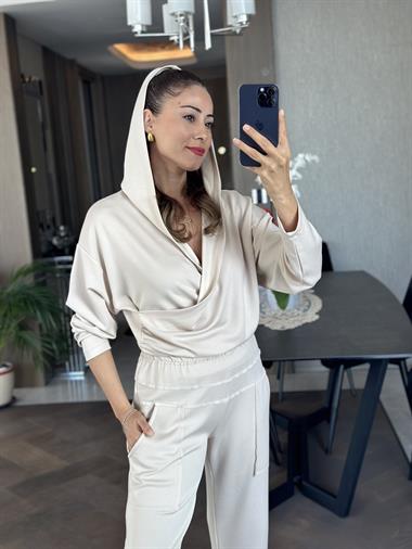 Taş Modal Sweat Paçası Yırtmaç Detay Pantolon Kadın İkili Takım