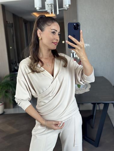 Taş Modal Sweat Paçası Yırtmaç Detay Pantolon Kadın İkili Takım