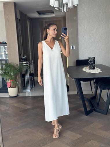 Taş Önü V Yaka Sıfır Kol Kadın Keten Elbise 