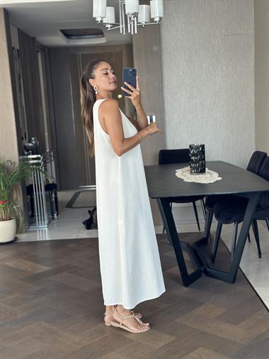 Taş Önü V Yaka Sıfır Kol Kadın Keten Elbise 