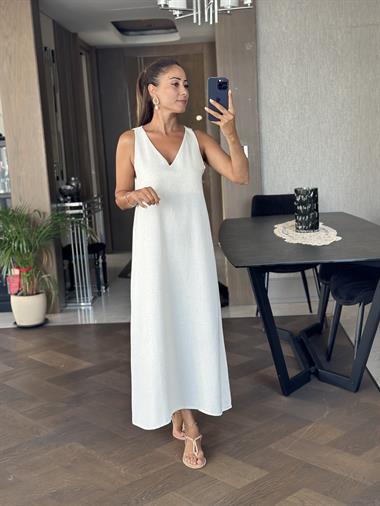 Taş Önü V Yaka Sıfır Kol Kadın Keten Elbise 