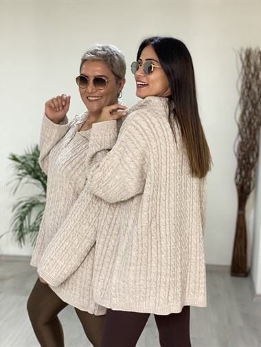 Taş Örgü Oversize Fermuarlı Triko Kadın Kazak