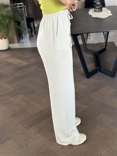 Taş Pensli Beli Bağcıklı Ve Lastikli Keten Kadın Bol Paça Pantolon