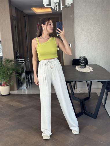 Taş Pensli Beli Bağcıklı Ve Lastikli Keten Kadın Bol Paça Pantolon