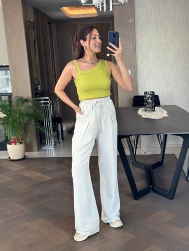 Taş Pensli Beli Bağcıklı Ve Lastikli Keten Kadın Bol Paça Pantolon