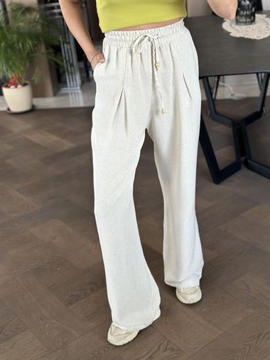 Taş Pensli Beli Bağcıklı Ve Lastikli Keten Kadın Bol Paça Pantolon
