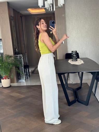 Taş Pensli Beli Bağcıklı Ve Lastikli Keten Kadın Bol Paça Pantolon