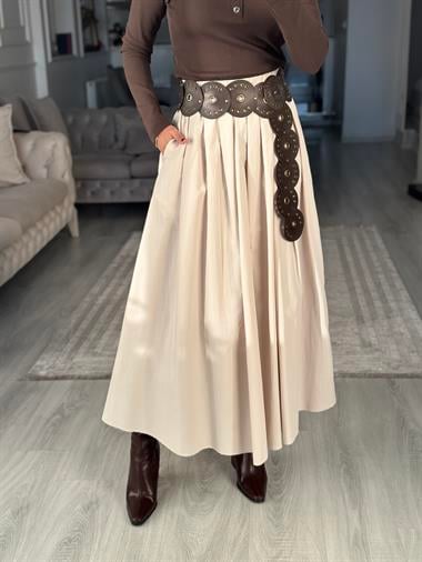 Taş Poplin Kumaş Cepli Midi Boy Kadın Etek