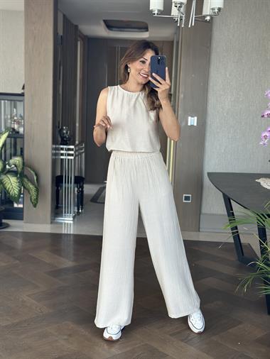 Taş Sıfır Kol Arkası Bağcıklı Bluz Pantolon Kadın İkili Takım