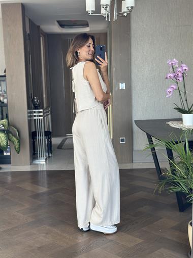Taş Sıfır Kol Arkası Bağcıklı Bluz Pantolon Kadın İkili Takım
