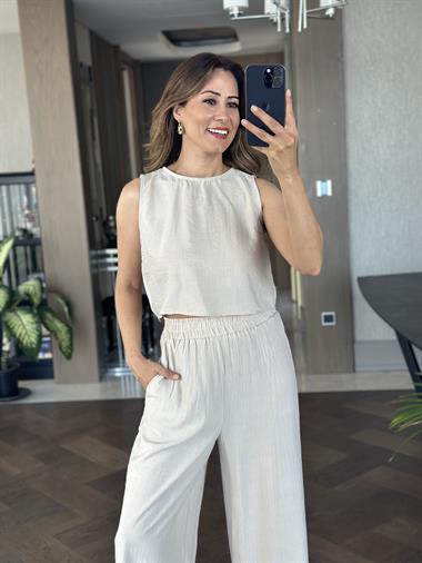 Taş Sıfır Kol Arkası Bağcıklı Bluz Pantolon Kadın İkili Takım