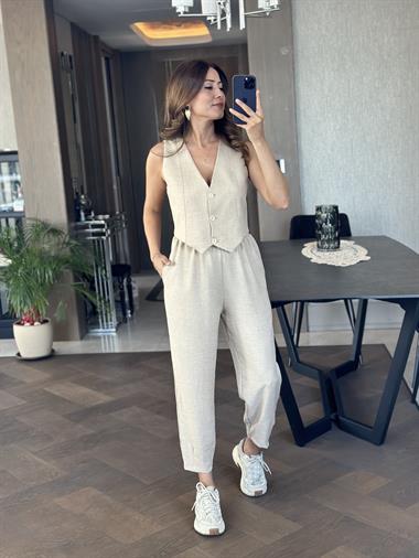 Taş Sıfır Kol Üç Düğmeli Aerobin  Kumaş Kadın Yelek