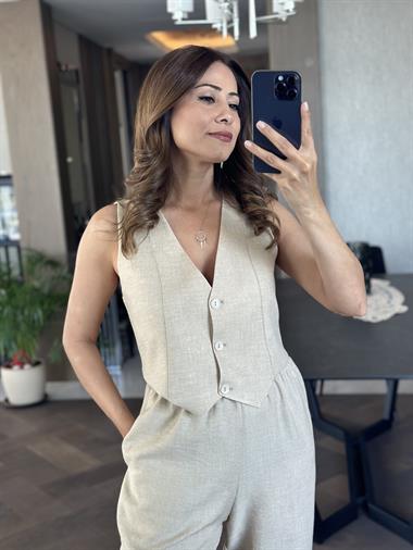 Taş Sıfır Kol Üç Düğmeli Aerobin  Kumaş Kadın Yelek