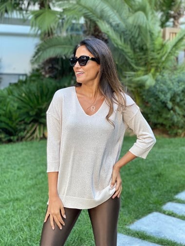 Taş Simli V Yaka Merserize Kadın Bluz