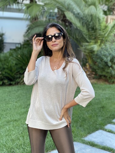 Taş Simli V Yaka Merserize Kadın Bluz