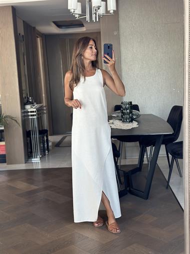 Taş Sırtı Bambu Aksesuarlı Eteği Anvelop Kadın Keten Elbise 