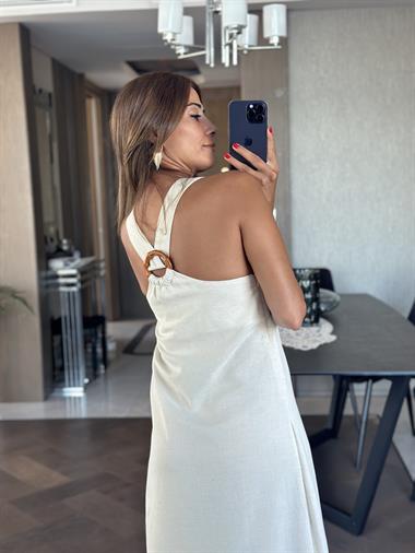 Taş Sırtı Bambu Aksesuarlı Eteği Anvelop Kadın Keten Elbise 