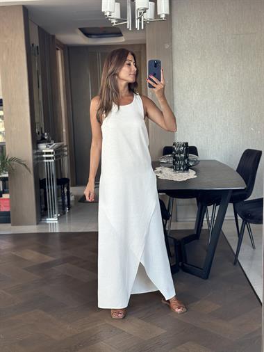 Taş Sırtı Bambu Aksesuarlı Eteği Anvelop Kadın Keten Elbise 