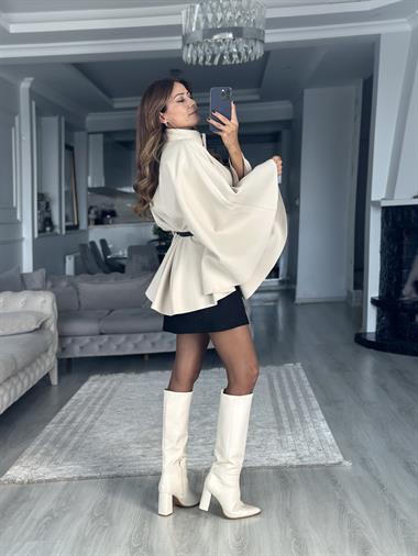 Taş Tek Düğmeli Dik Yaka Kemerli Kadın Kaşe Panço