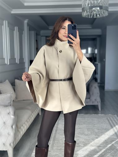 Taş Tek Düğmeli Dik Yaka Kemerli Kadın Kaşe Panço