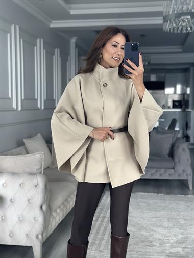 Taş Tek Düğmeli Dik Yaka Kemerli Kadın Kaşe Panço