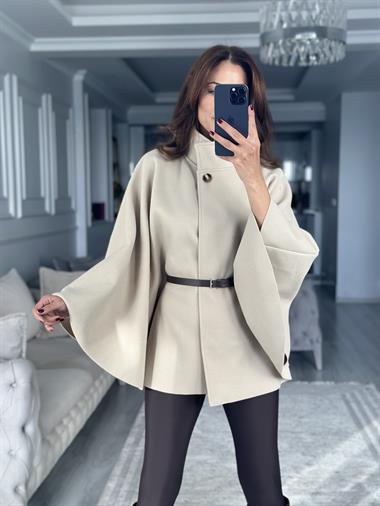 Taş Tek Düğmeli Dik Yaka Kemerli Kadın Kaşe Panço