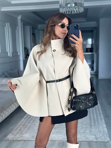 Taş Tek Düğmeli Dik Yaka Kemerli Kadın Kaşe Panço