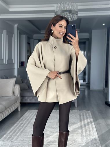 Taş Tek Düğmeli Dik Yaka Kemerli Kadın Kaşe Panço