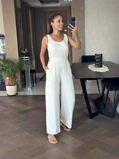 Taş U Yaka Kuşaklı Sırtı Fermuarlı Geniş Paça Kadın Keten Tulum