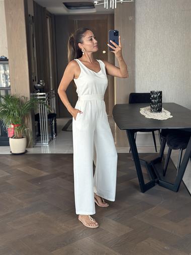 Taş U Yaka Kuşaklı Sırtı Fermuarlı Geniş Paça Kadın Keten Tulum