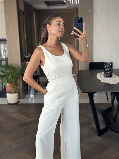 Taş U Yaka Kuşaklı Sırtı Fermuarlı Geniş Paça Kadın Keten Tulum