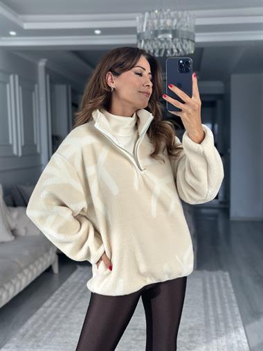 Taş Yarım Fermuarlı Cepli Kadın Sweatshirt