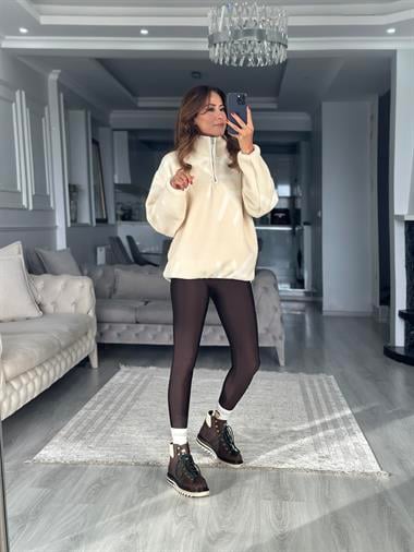 Taş Yarım Fermuarlı Cepli Kadın Sweatshirt
