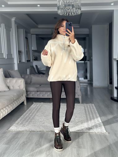 Taş Yarım Fermuarlı Cepli Kadın Sweatshirt