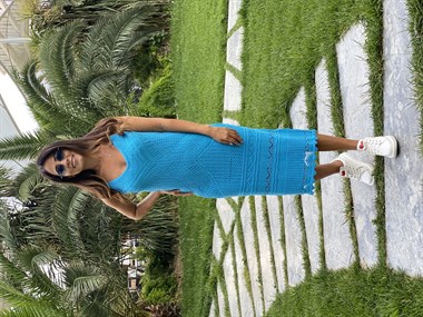 Turkuaz Askılı Ajur Desenli Triko Kadın Elbise