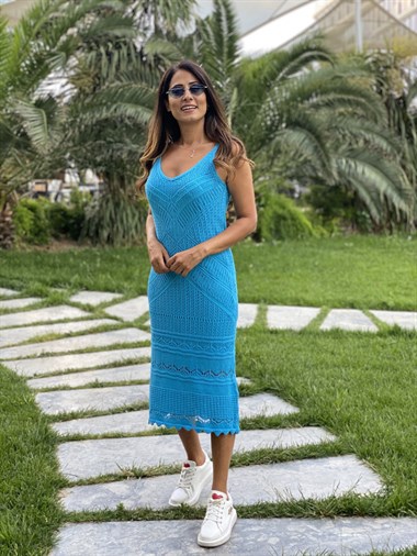 Turkuaz Askılı Ajur Desenli Triko Kadın Elbise