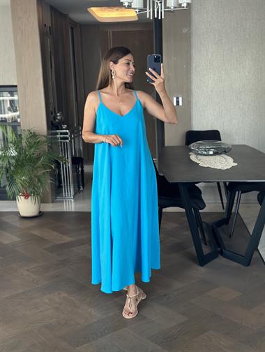 Turkuaz Ayarlanabilir Askılı V Yaka Tnsel Maksi Boy Kadın Elbise