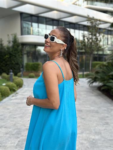 Turkuaz Ayarlanabilir Askılı V Yaka Tnsel Maksi Boy Kadın Elbise