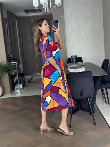 Turkuaz Desenli Kısa Kol Bisiklet Yaka Eğlenceli Kadın Elbise