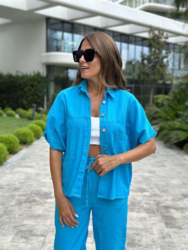 Turkuaz Gabardin Kısa Kol Gömlek Pantolon Kadın İkili Takım