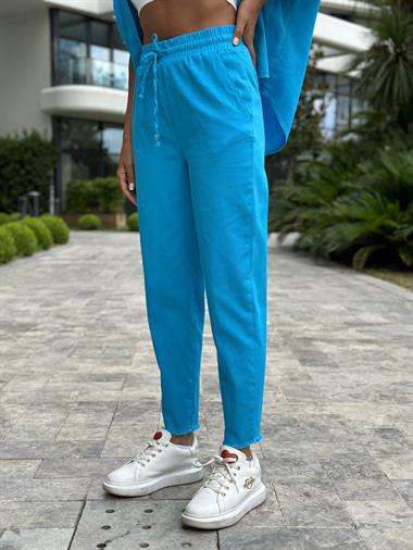 Turkuaz Gabardin Kısa Kol Gömlek Pantolon Kadın İkili Takım