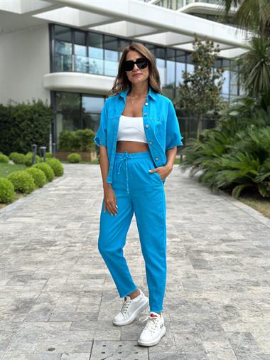 Turkuaz Gabardin Kısa Kol Gömlek Pantolon Kadın İkili Takım