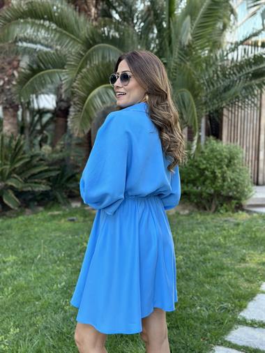 Turkuaz Yarım Düğmeli Beli Lastikli Kadın Gömlek Elbise