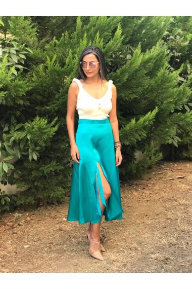 Turkuaz Saten Yırtmaçlı Kadın Etek